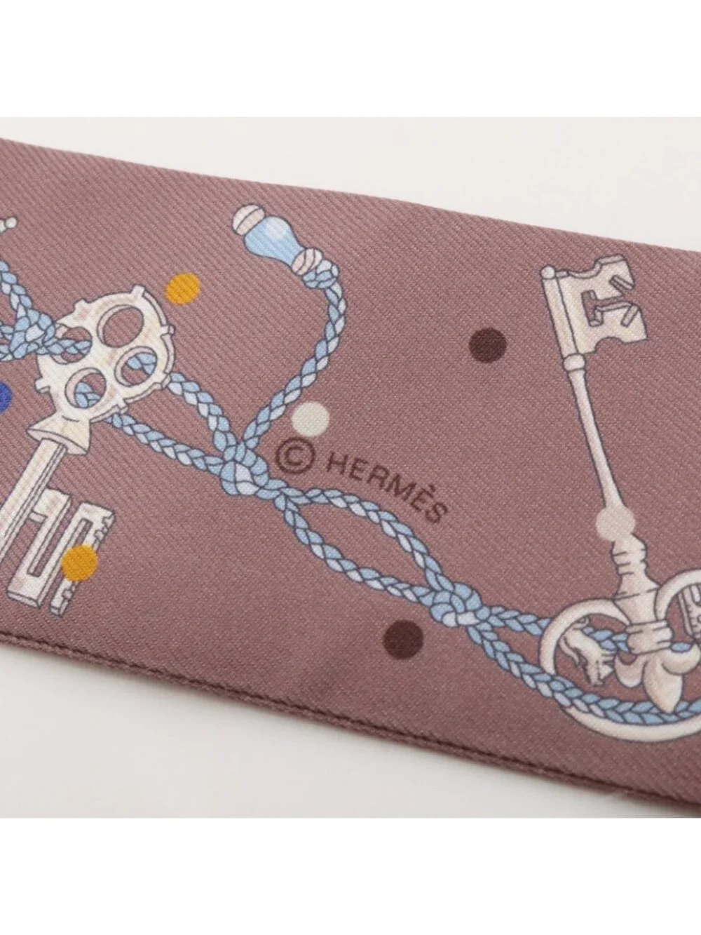 ★SOLD★ Hermes Scarf Twill les Cles a Pois Ribbon Brown Glace Silk - Picture 4 of 6